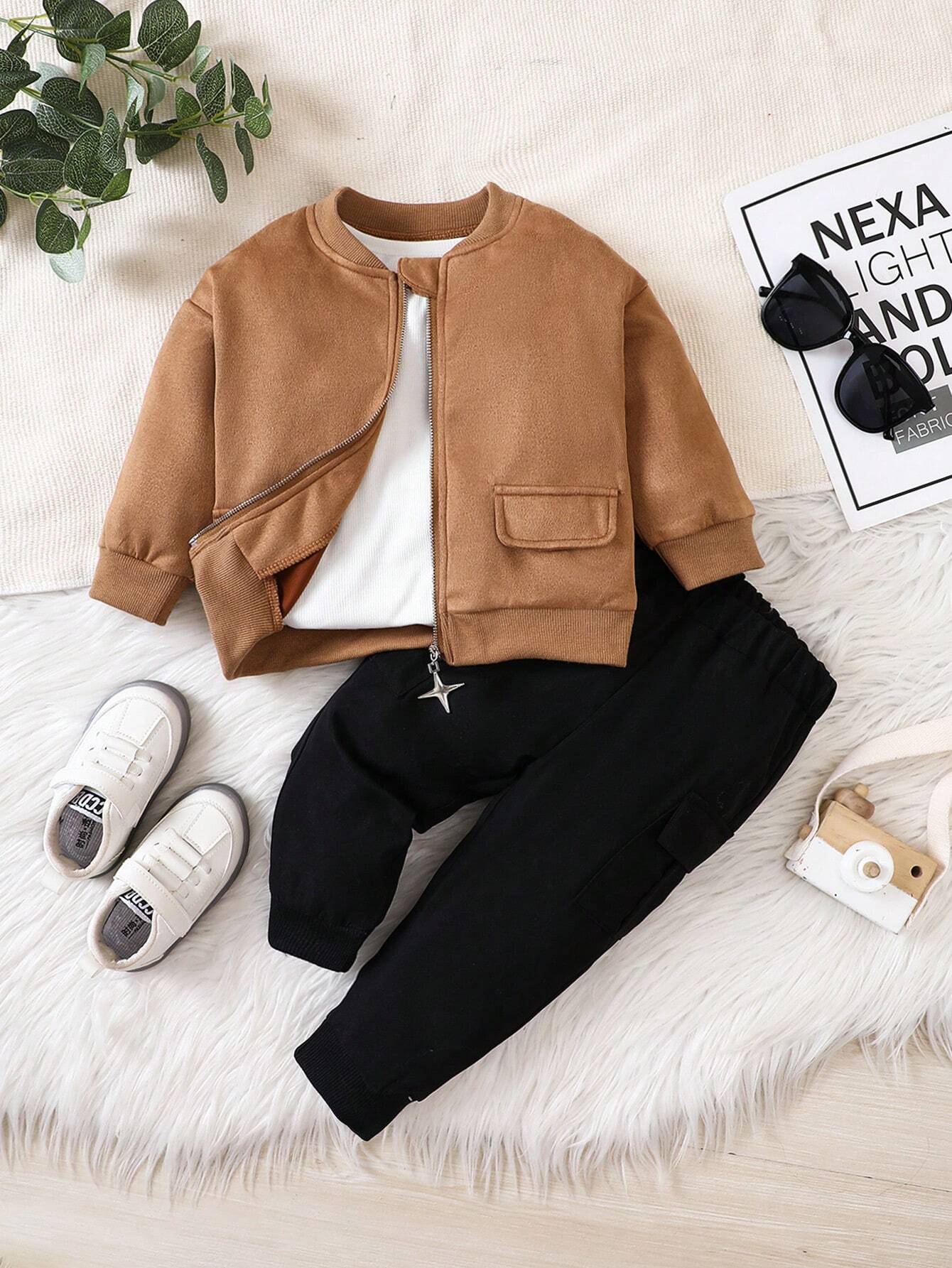 Buy Fashionable Baby Boys' Suede Jacket And Twill Cargo Pants, Suitable For Fall/Winter Outings in Pakistan