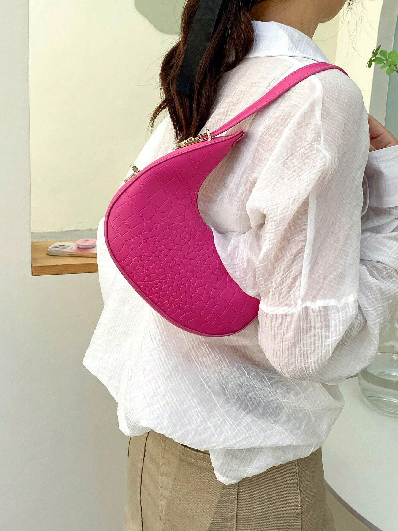 Buy SHEIN Fashionable Solid Color Crocodile Pattern Shoulder Bag in Pakistan