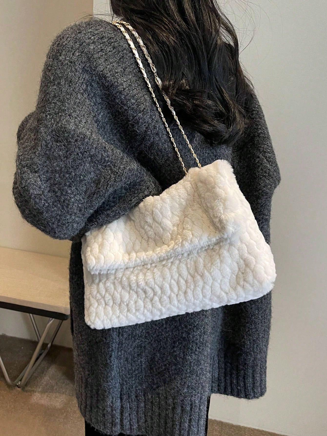 Buy SHEIN Fashionable Solid Color Furry Metal Chain Shoulder Bag in Pakistan