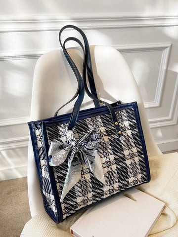 Buy SHEIN Fashionable Striped 1 Piece Plaid Large Capacity Shoulder Bag With Fashionable Tote Bag And Scarf in Pakistan