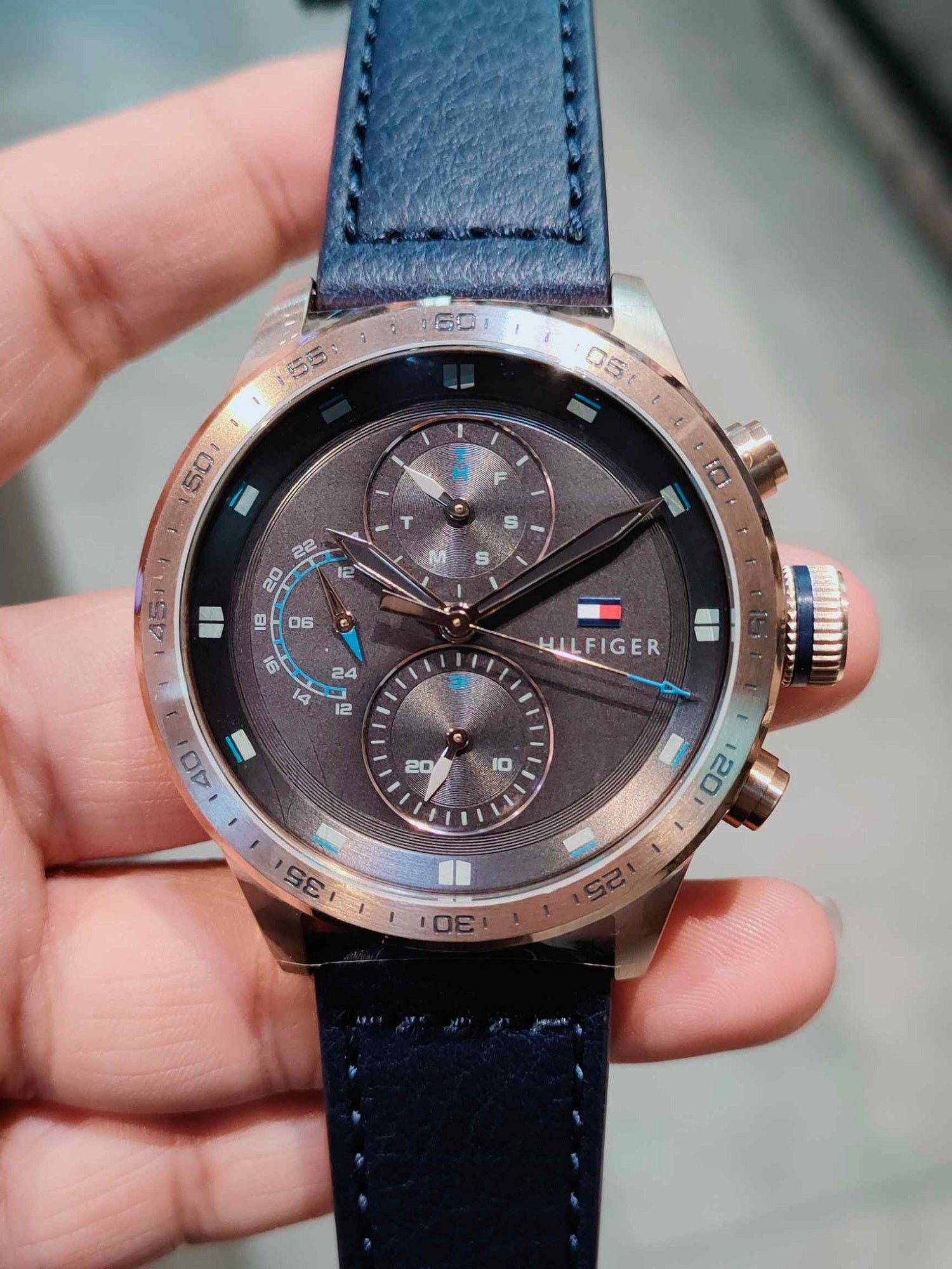 Buy Tommy Hilfiger Mens Quartz Blue Leather Strap Grey Dial 46mm Watch - 1791808 in Pakistan