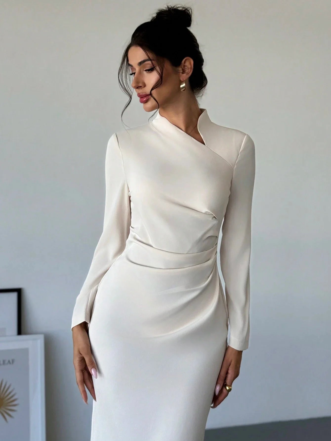 Buy SHEIN Firerie Apricot Asymmetric Collar Long Sleeve Elegant Dress in Pakistan