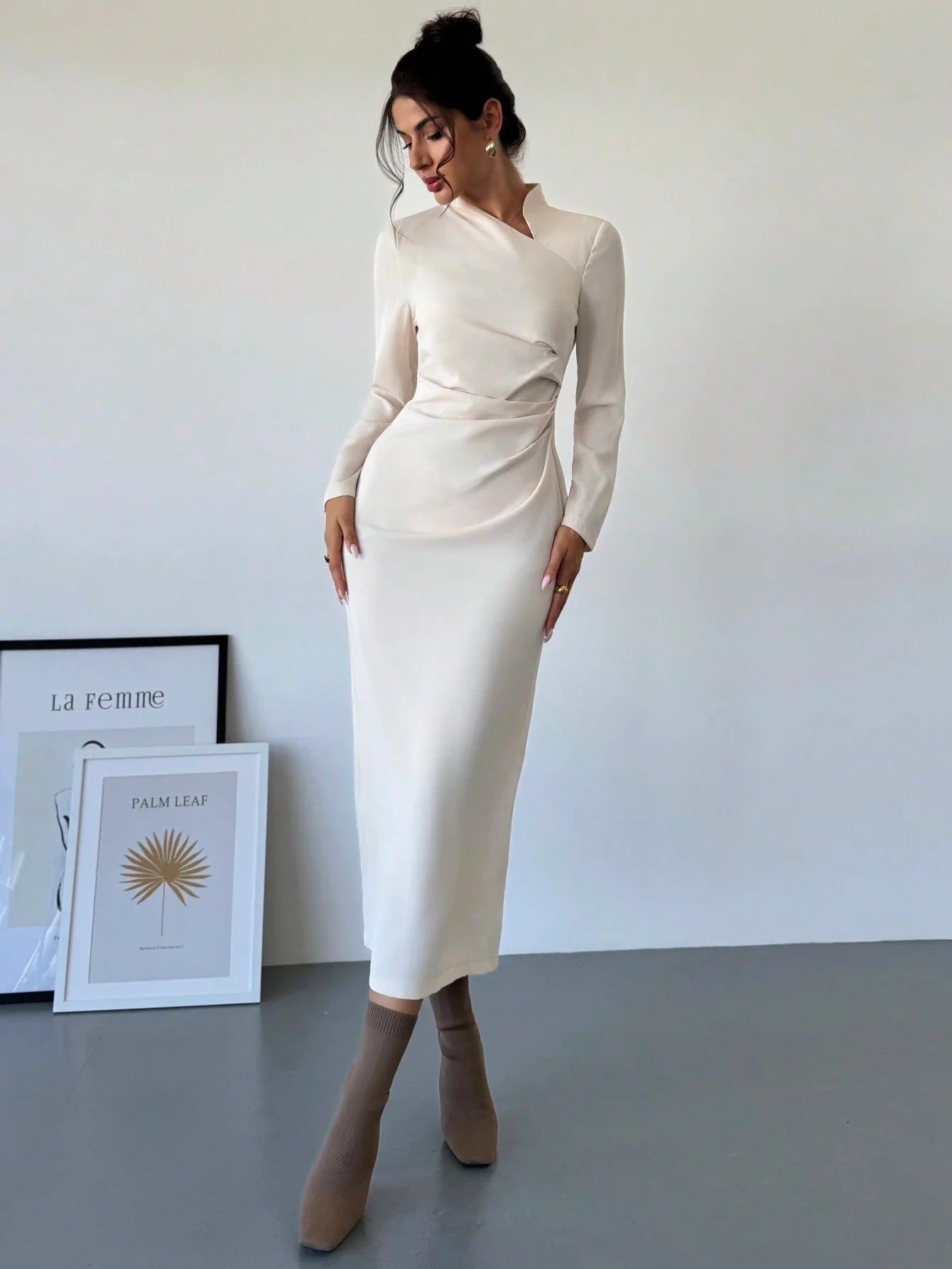 Buy SHEIN Firerie Apricot Asymmetric Collar Long Sleeve Elegant Dress in Pakistan