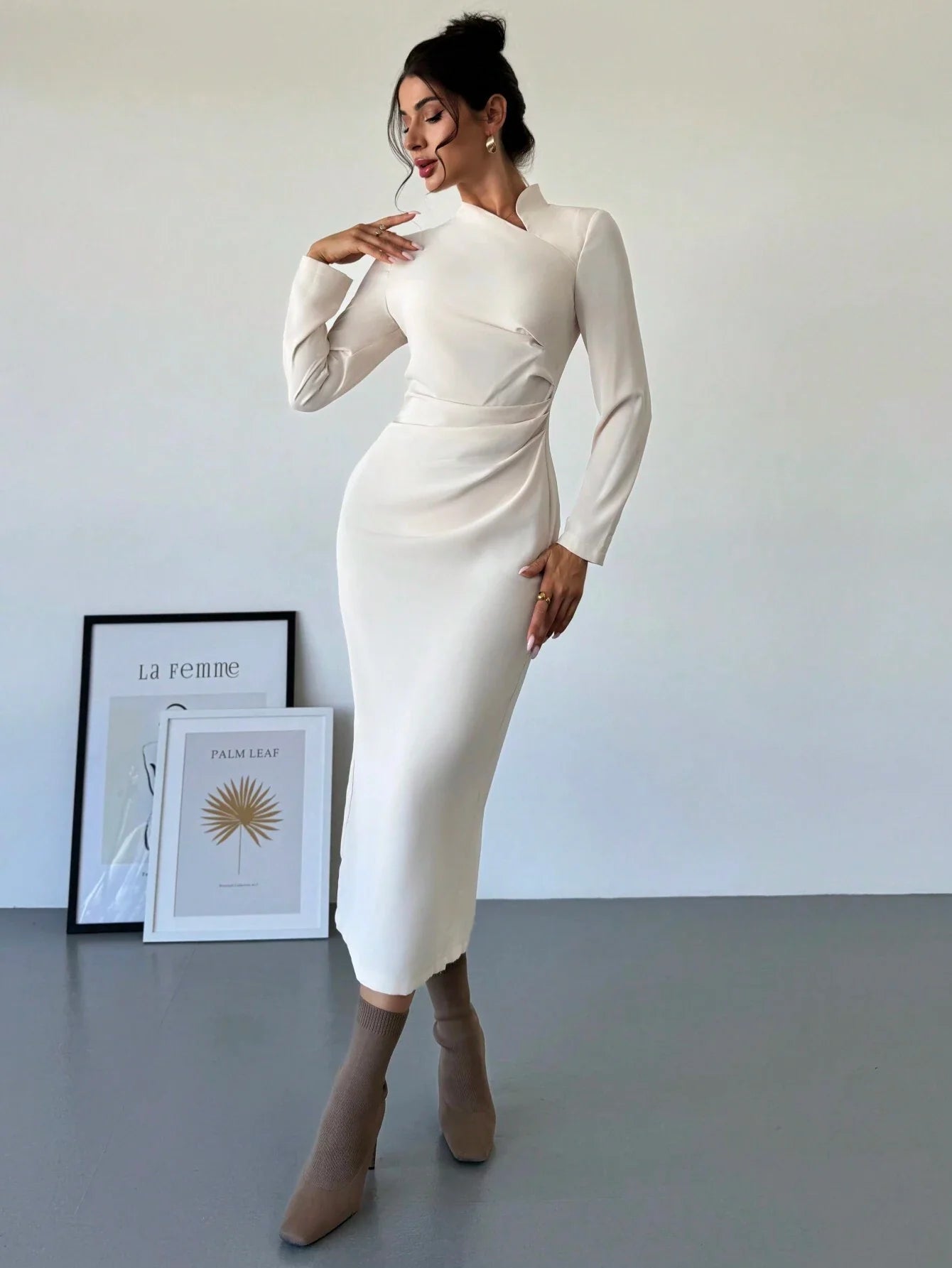 Buy SHEIN Firerie Apricot Asymmetric Collar Long Sleeve Elegant Dress in Pakistan