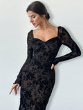 Buy SHEIN Firerie New Autumn/Winter Elegant Floral Flocked Square Neck Ruched & Slit Ruffle Hem Slimming Dress in Pakistan