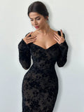Buy SHEIN Firerie New Autumn/Winter Elegant Floral Flocked Square Neck Ruched & Slit Ruffle Hem Slimming Dress in Pakistan