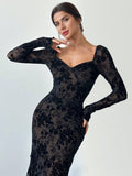 Buy SHEIN Firerie New Autumn/Winter Elegant Floral Flocked Square Neck Ruched & Slit Ruffle Hem Slimming Dress in Pakistan