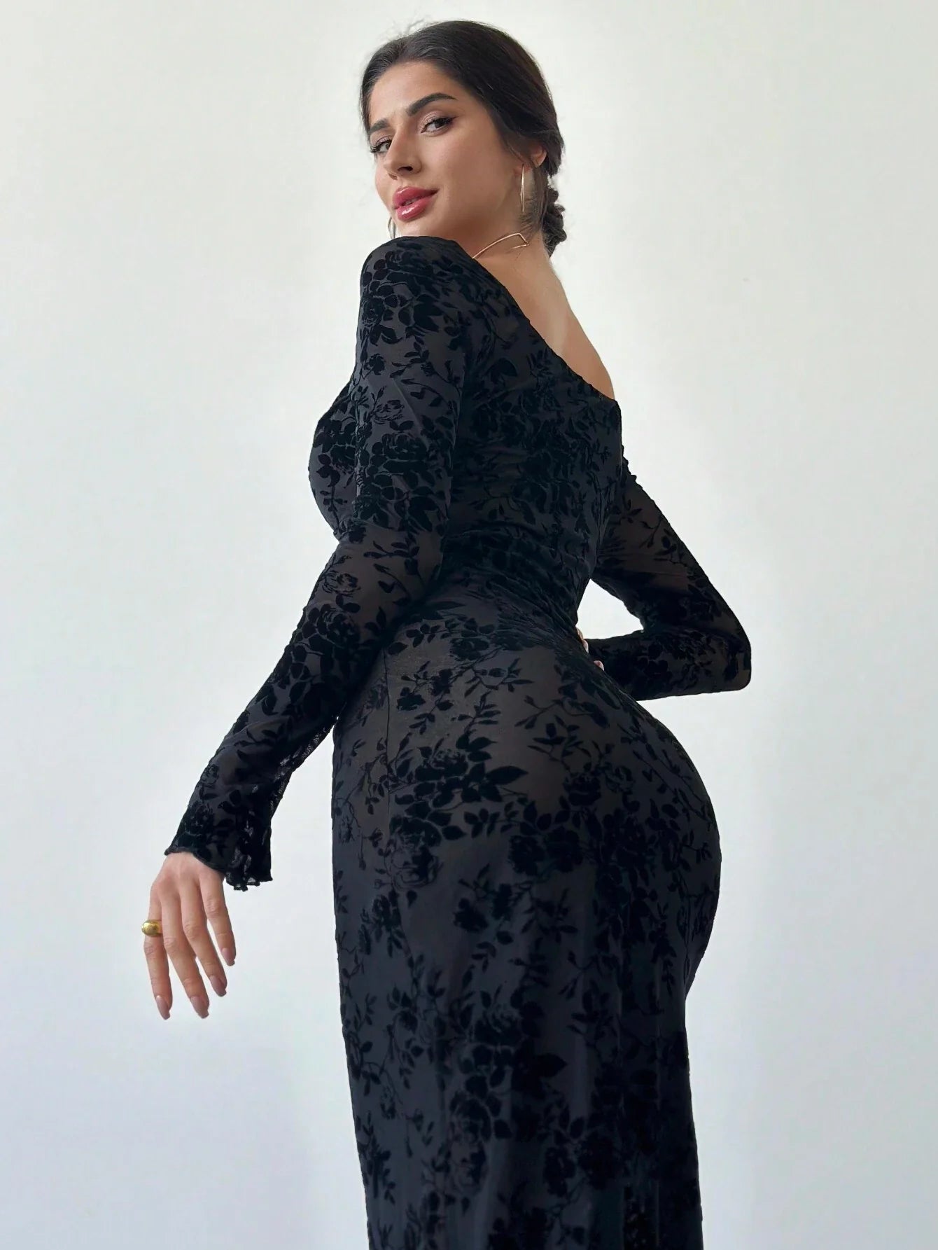 Buy SHEIN Firerie New Autumn/Winter Elegant Floral Flocked Square Neck Ruched & Slit Ruffle Hem Slimming Dress in Pakistan