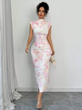 Buy SHEIN Firerie Women Floral Print Stand Collar Ruffle Waist Sleeveless Dress in Pakistan