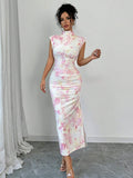 Buy SHEIN Firerie Women Floral Print Stand Collar Ruffle Waist Sleeveless Dress in Pakistan
