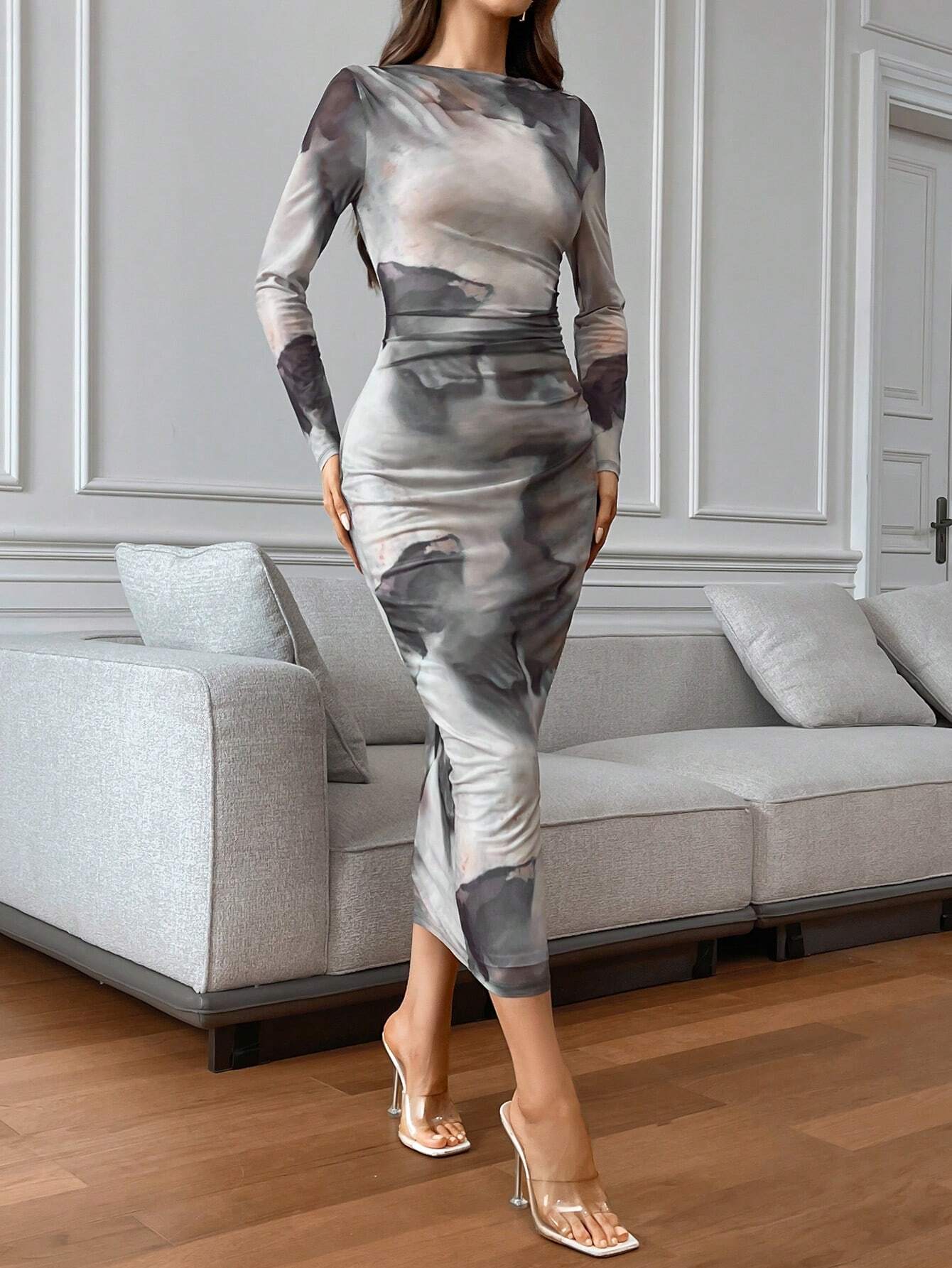 Buy SHEIN Firerie Women's Autumn And Winter Tie-Dye Print Round Neck Long Sleeve Slim Dress in Pakistan