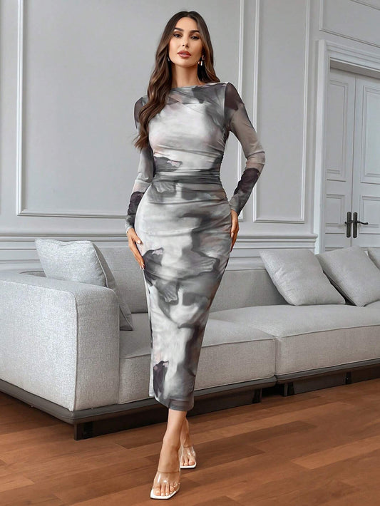 Buy SHEIN Firerie Women's Autumn And Winter Tie-Dye Print Round Neck Long Sleeve Slim Dress in Pakistan