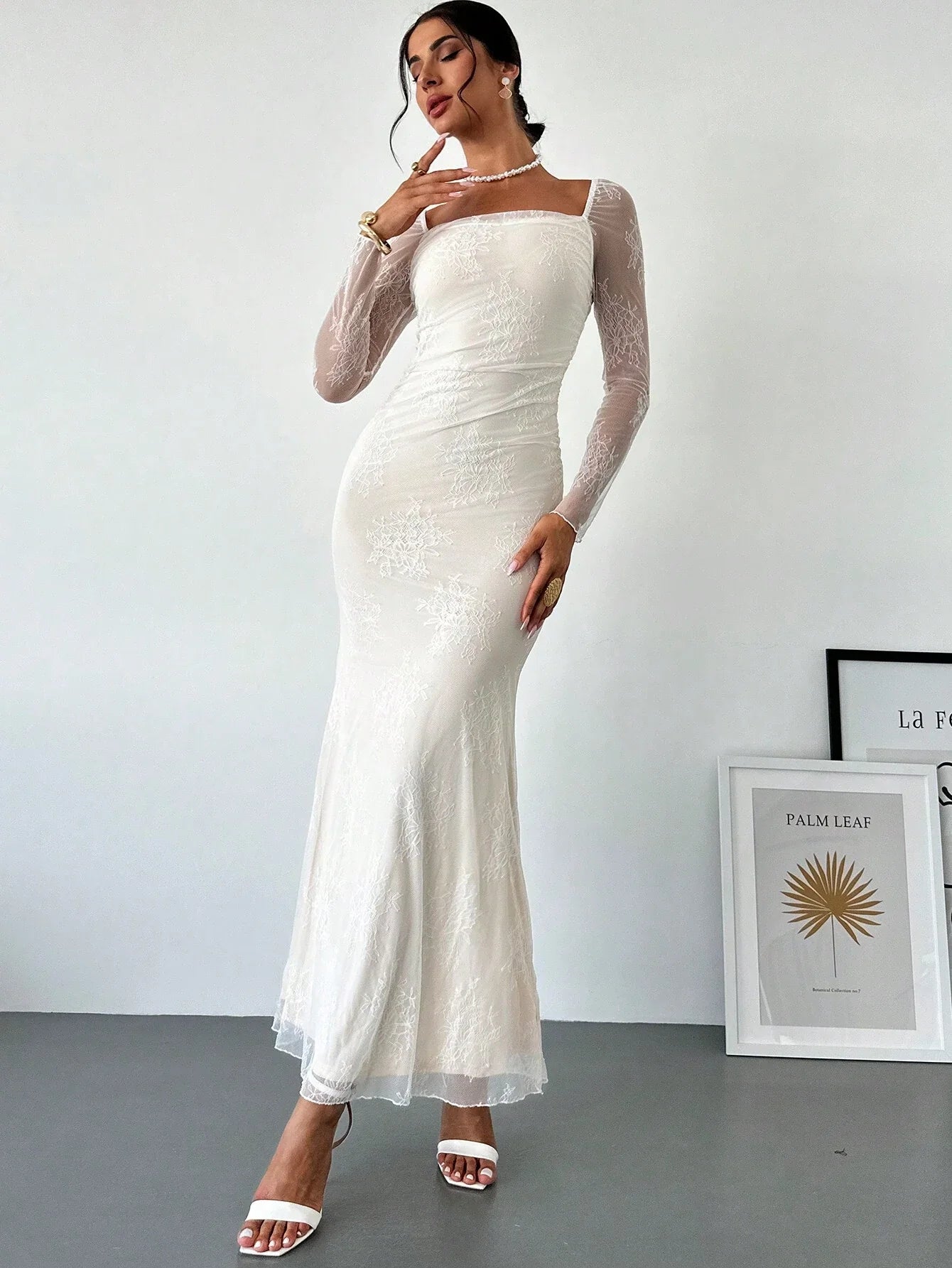 Buy SHEIN Firerie Women's Elegant Romantic Date Wedding Cocktail Party Lace Collar Long Sleeve Mermaid Dress in Pakistan