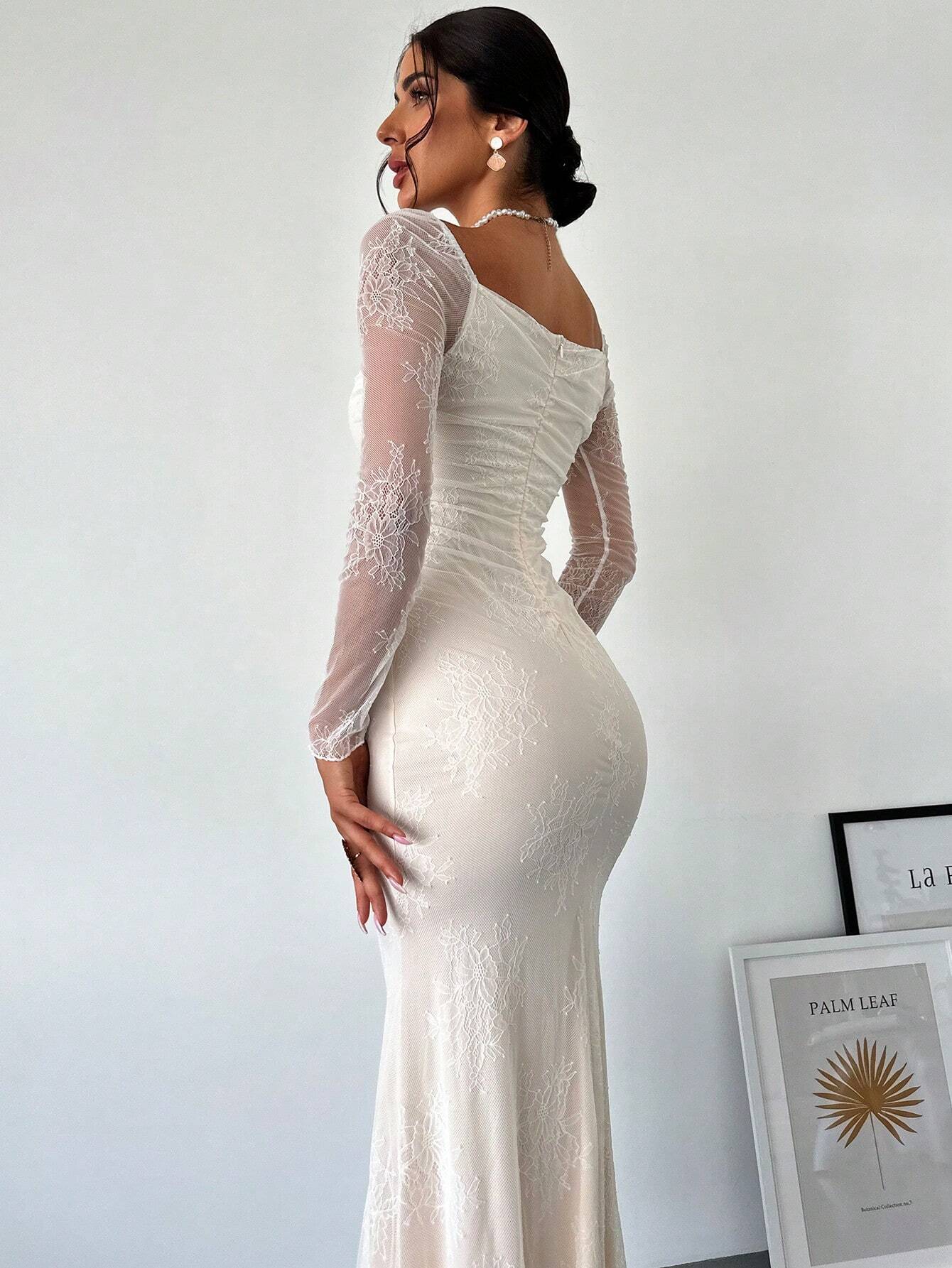 Buy SHEIN Firerie Women's Elegant Romantic Date Wedding Cocktail Party Lace Collar Long Sleeve Mermaid Dress in Pakistan