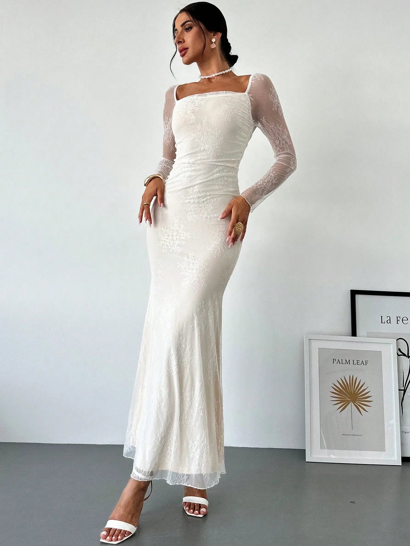 Buy SHEIN Firerie Women's Elegant Romantic Date Wedding Cocktail Party Lace Collar Long Sleeve Mermaid Dress in Pakistan