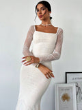 Buy SHEIN Firerie Women's Elegant Romantic Date Wedding Cocktail Party Lace Collar Long Sleeve Mermaid Dress in Pakistan