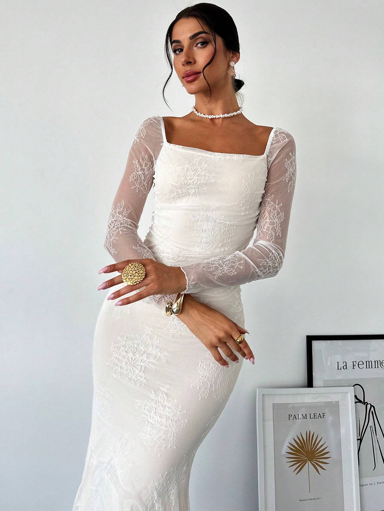 Buy SHEIN Firerie Women's Elegant Romantic Date Wedding Cocktail Party Lace Collar Long Sleeve Mermaid Dress in Pakistan
