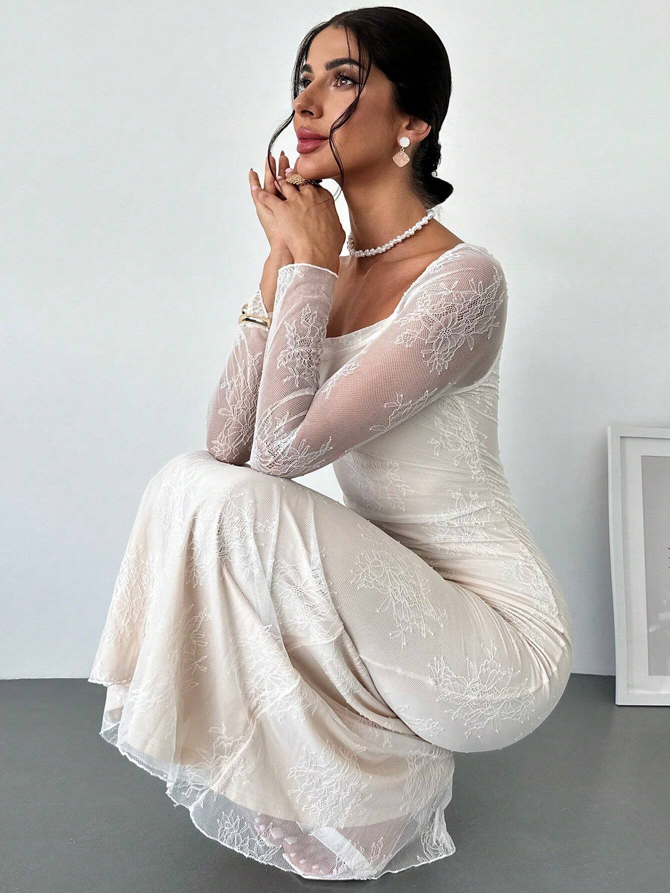 Buy SHEIN Firerie Women's Elegant Romantic Date Wedding Cocktail Party Lace Collar Long Sleeve Mermaid Dress in Pakistan