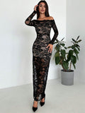Buy SHEIN Firerie Women's Elegant Sexy Black Off-Shoulder Lace Dress in Pakistan