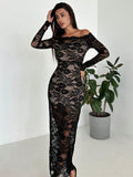 Buy SHEIN Firerie Women's Elegant Sexy Black Off-Shoulder Lace Dress in Pakistan