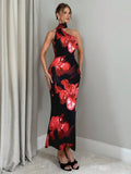 Buy SHEIN Firerie Women's Romantic Elegant Holiday Floral Print Halter Backless Bodycon Dress in Pakistan