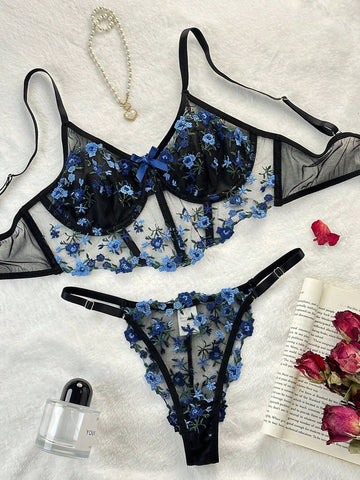Buy SHEIN Floral Embroidery Mesh Underwire Lingerie Set in Pakistan