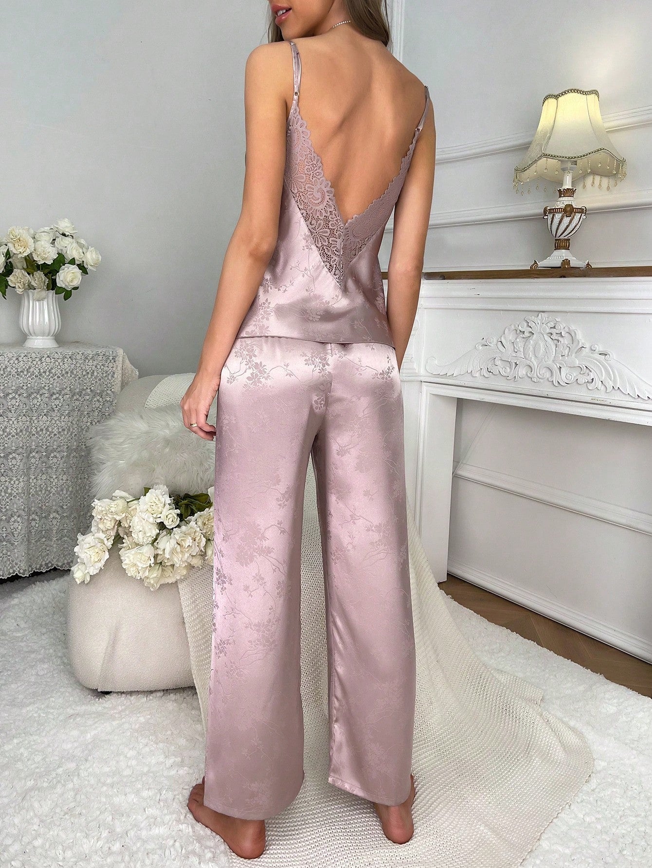 Buy SHEIN Floral Jacquard Contrast Lace Satin Cami Top & Pants PJ Set in Pakistan