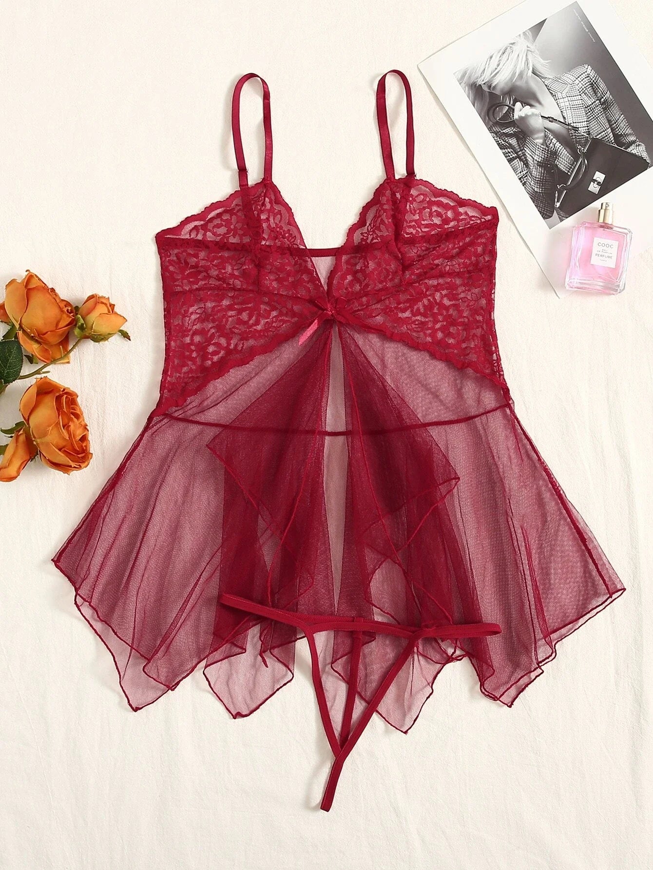 Buy SHEIN Floral Lace Contrast Mesh Babydoll Slips With Thong in Pakistan