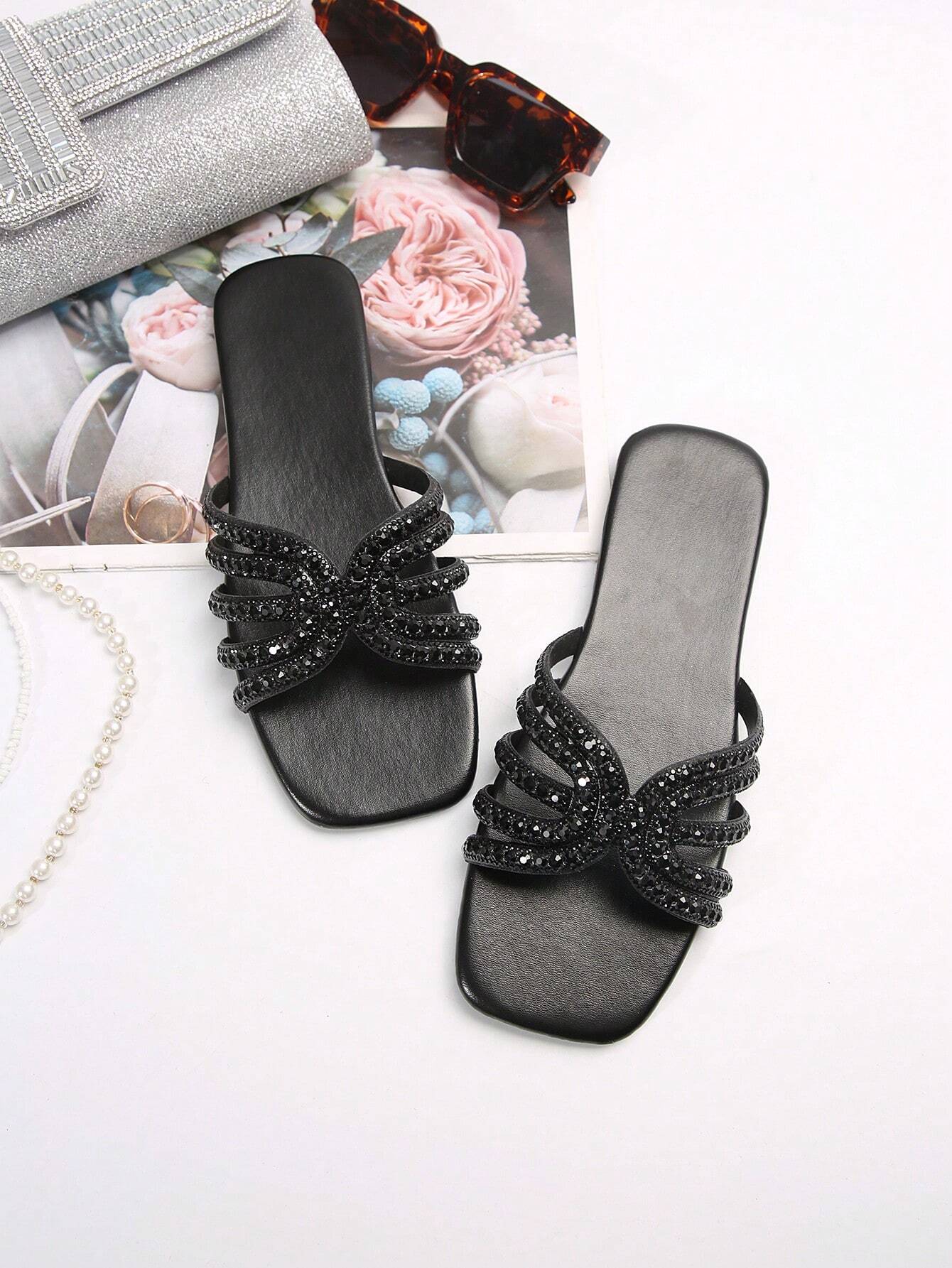 Buy SHEIN Glass Rhinestone Casual Fashion Open-Toe Flat Sandals For Women in Pakistan