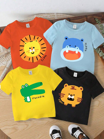Buy SHEIN GraphicGems 4pcs Baby Boy Casual Fashion Cute Cartoon Animal Print Basic Crew Neck Short Sleeve T-Shirts in Pakistan