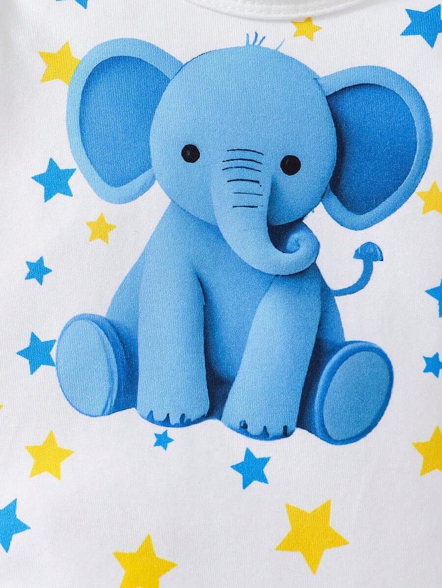 Buy SHEIN Infant & Toddler Boys' White Base Cute Blue Elephant Print Long Sleeve Footed Jumpsuit, Loungewear in Pakistan