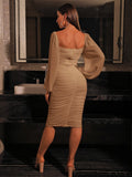 Buy SHEIN Joyfunear Lantern Sleeve Ruched Side Bodycon Dress in Pakistan