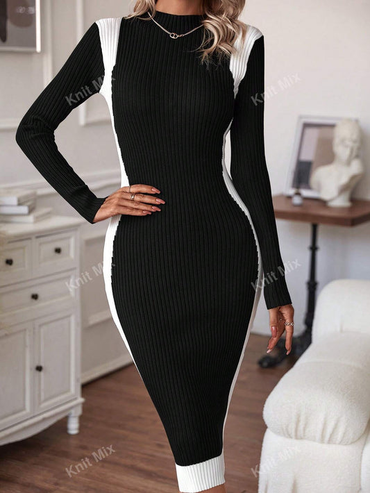Buy SHEIN Knit Mix Knitted Elegant Commuter Midi Dress For Women,Floral Pattern Half High Neck Long Sleeve Contrast Color Fitted Sweater Dress (Floral Random) in Pakistan