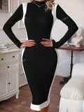 Buy SHEIN Knit Mix Knitted Elegant Commuter Midi Dress For Women,Floral Pattern Half High Neck Long Sleeve Contrast Color Fitted Sweater Dress (Floral Random) in Pakistan