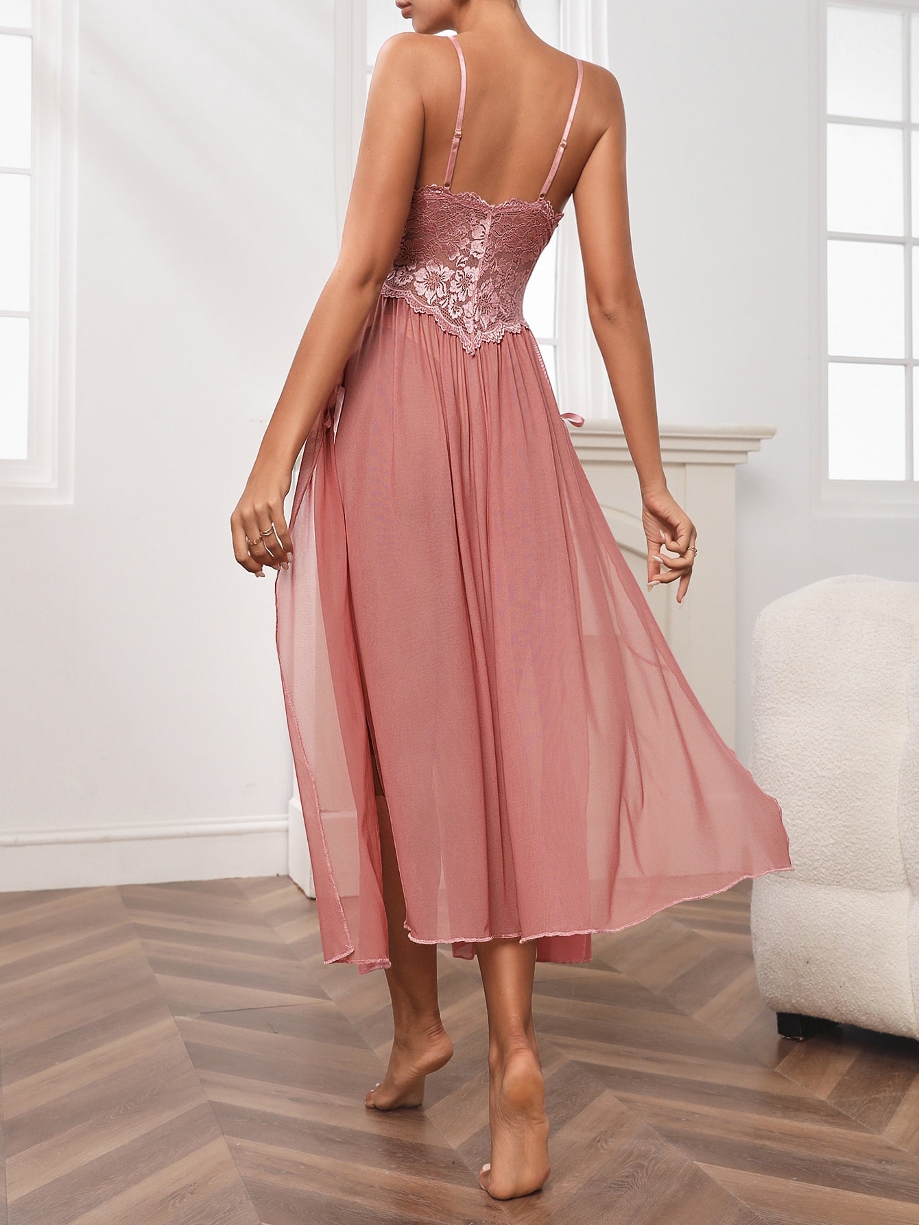 Buy SHEIN Knot Detail Split Thigh Lace Slip Dress in Pakistan