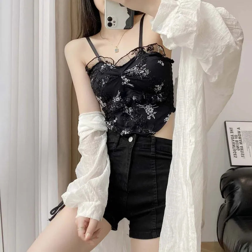 Buy Florea - Floral Asymmetrical Camisole Top - Black in Pakistan