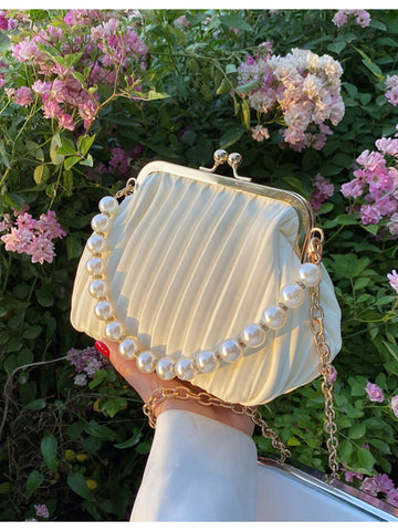 Buy SHEIN Lightweight,Business Casual Argyle Princess Faux Pearl & Rhinestone Pearl Chain & Decor Mini Faux Pearl Decor Kiss Lock Satchel Bag For Party in Pakistan