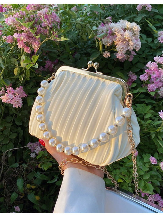 Buy SHEIN Lightweight,Business Casual Argyle Princess Faux Pearl & Rhinestone Pearl Chain & Decor Mini Faux Pearl Decor Kiss Lock Satchel Bag For Party in Pakistan