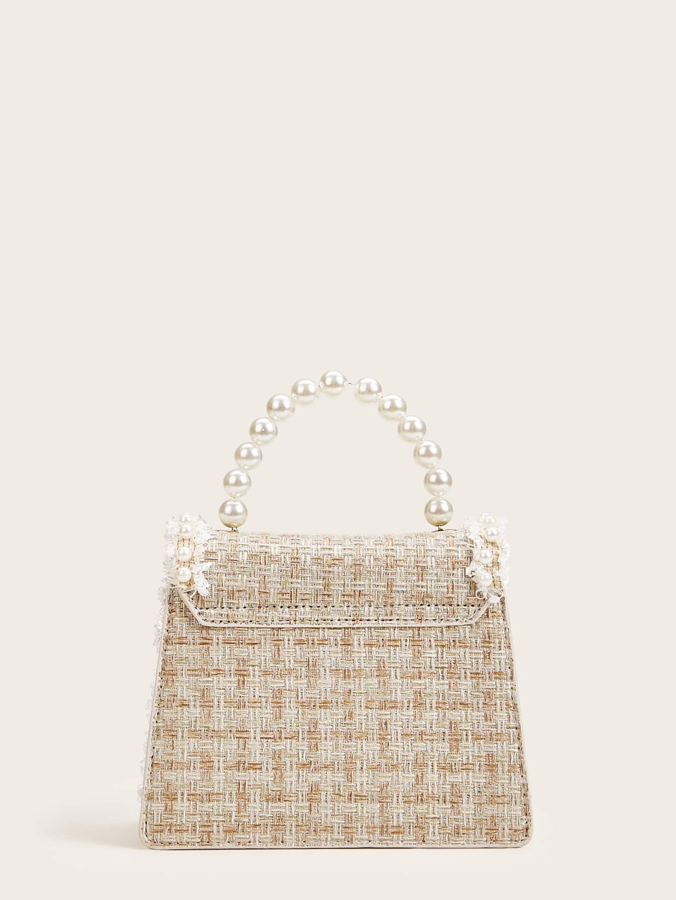 Buy SHEIN Lightweight,Business Casual Glitter, Shiny, Luxury, Glamorous, Elegant, Exquisite Mini Faux Pearl Decor Tweed Satchel Bag in Pakistan
