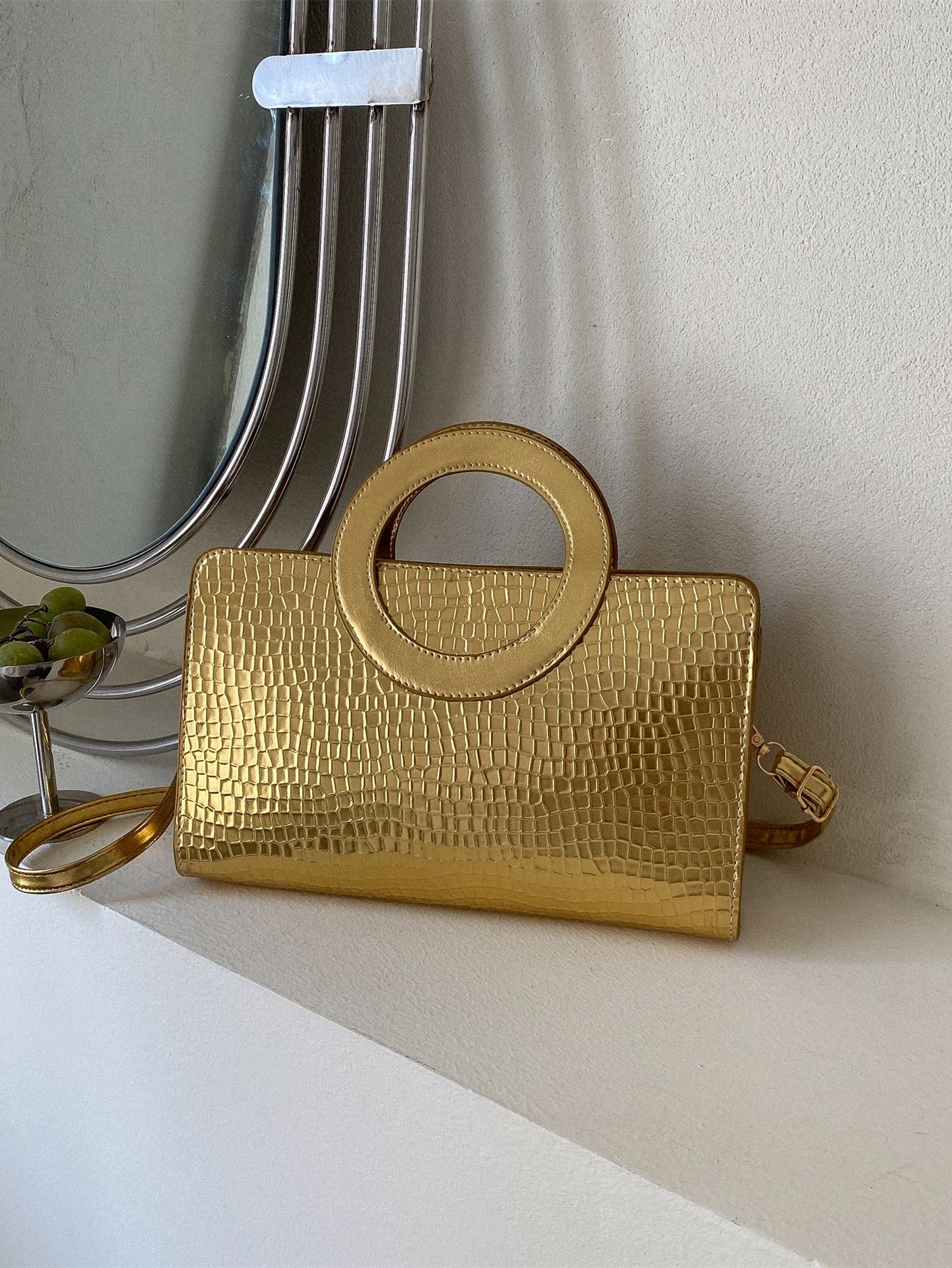 Buy SHEIN Lightweight,Business Casual Metallic Crocodile Embossed Top Ring Square Bag in Pakistan