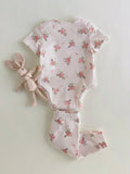 Buy SHEIN Loomiva Newborn Baby Floral Print Soft Knitted Crew Neck Short Sleeve Romper With Elastic Waist Pants 2Pcs Set in Pakistan