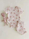 Buy SHEIN Loomiva Newborn Baby Floral Print Soft Knitted Crew Neck Short Sleeve Romper With Elastic Waist Pants 2Pcs Set in Pakistan
