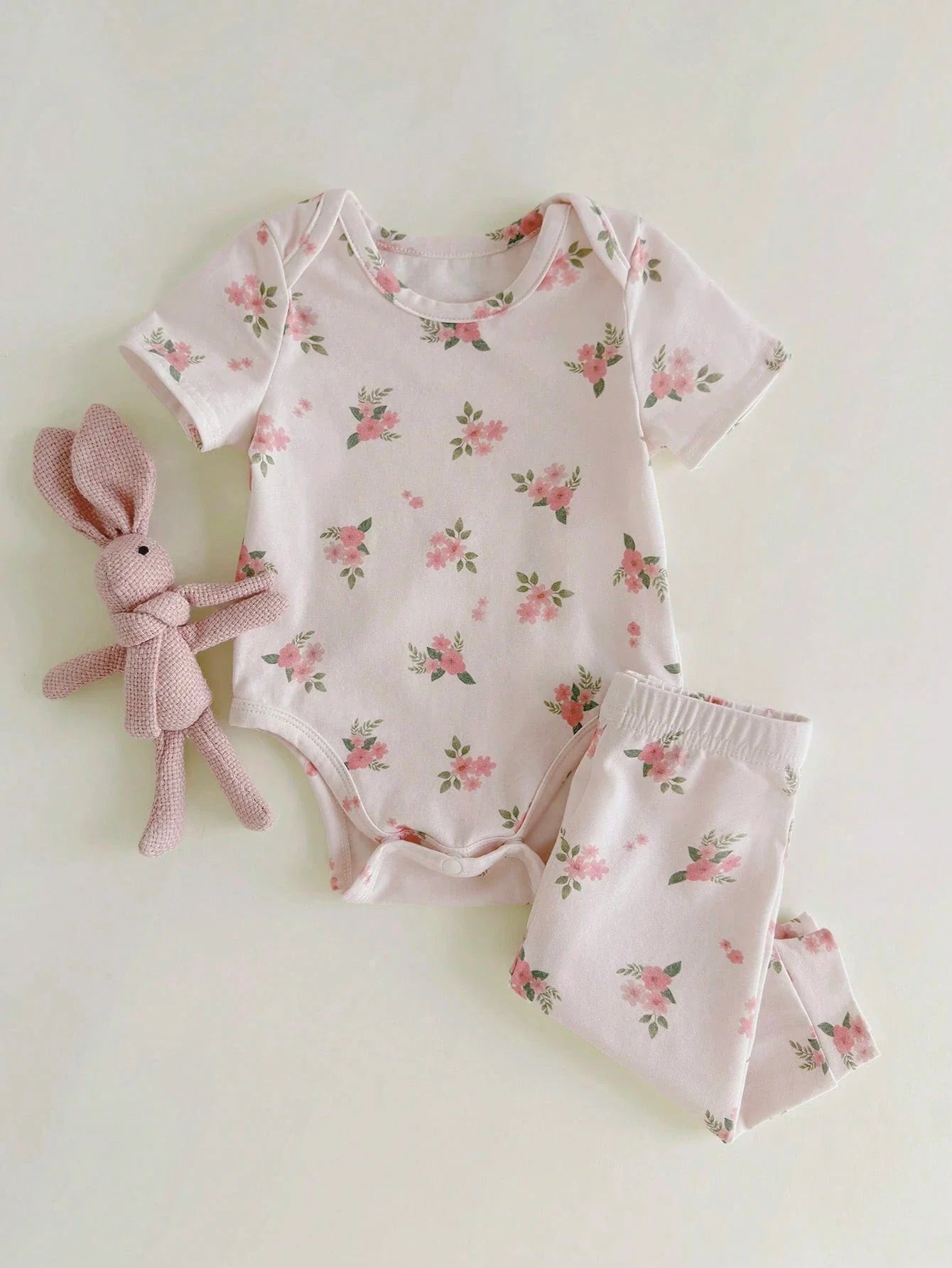 Buy SHEIN Loomiva Newborn Baby Floral Print Soft Knitted Crew Neck Short Sleeve Romper With Elastic Waist Pants 2Pcs Set in Pakistan