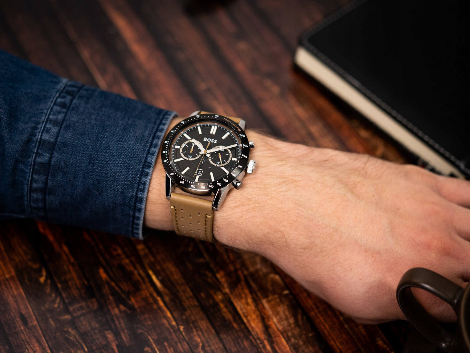 Buy Hugo Boss Mens Chronograph Quartz Leather Strap Black Dial 44mm Watch - 1513964 in Pakistan