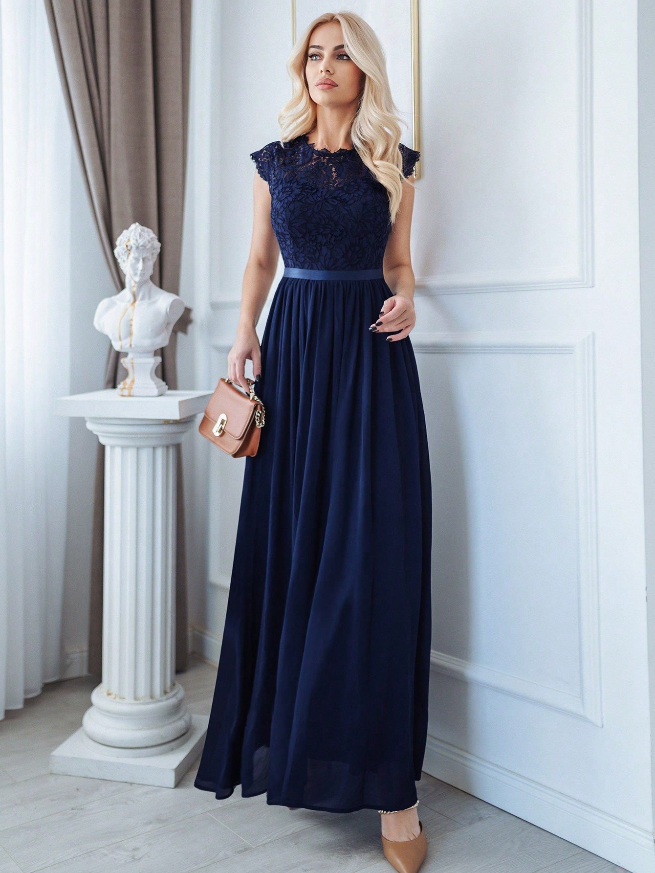 Buy SHEIN MIUSOL Floral Lace Bodice Chiffon Ribbon Waist Maxi Formal Dress in Pakistan