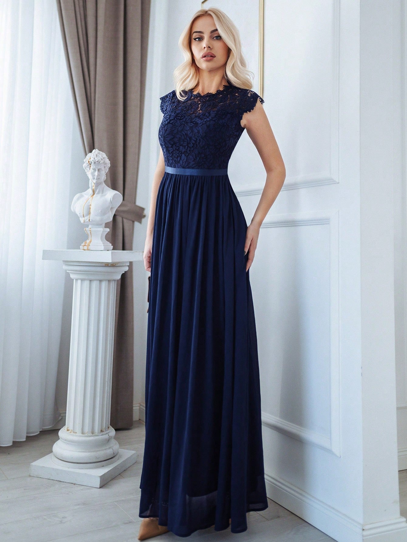 Buy SHEIN MIUSOL Floral Lace Bodice Chiffon Ribbon Waist Maxi Formal Dress in Pakistan