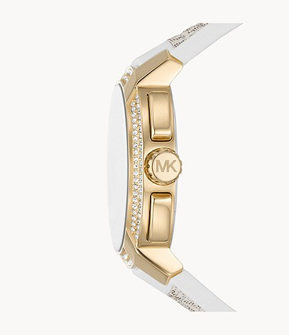 Buy Michael Kors Jessa Gold Dial with Diamonds White Leather Strap Watch for Women - MK7204 in Pakistan