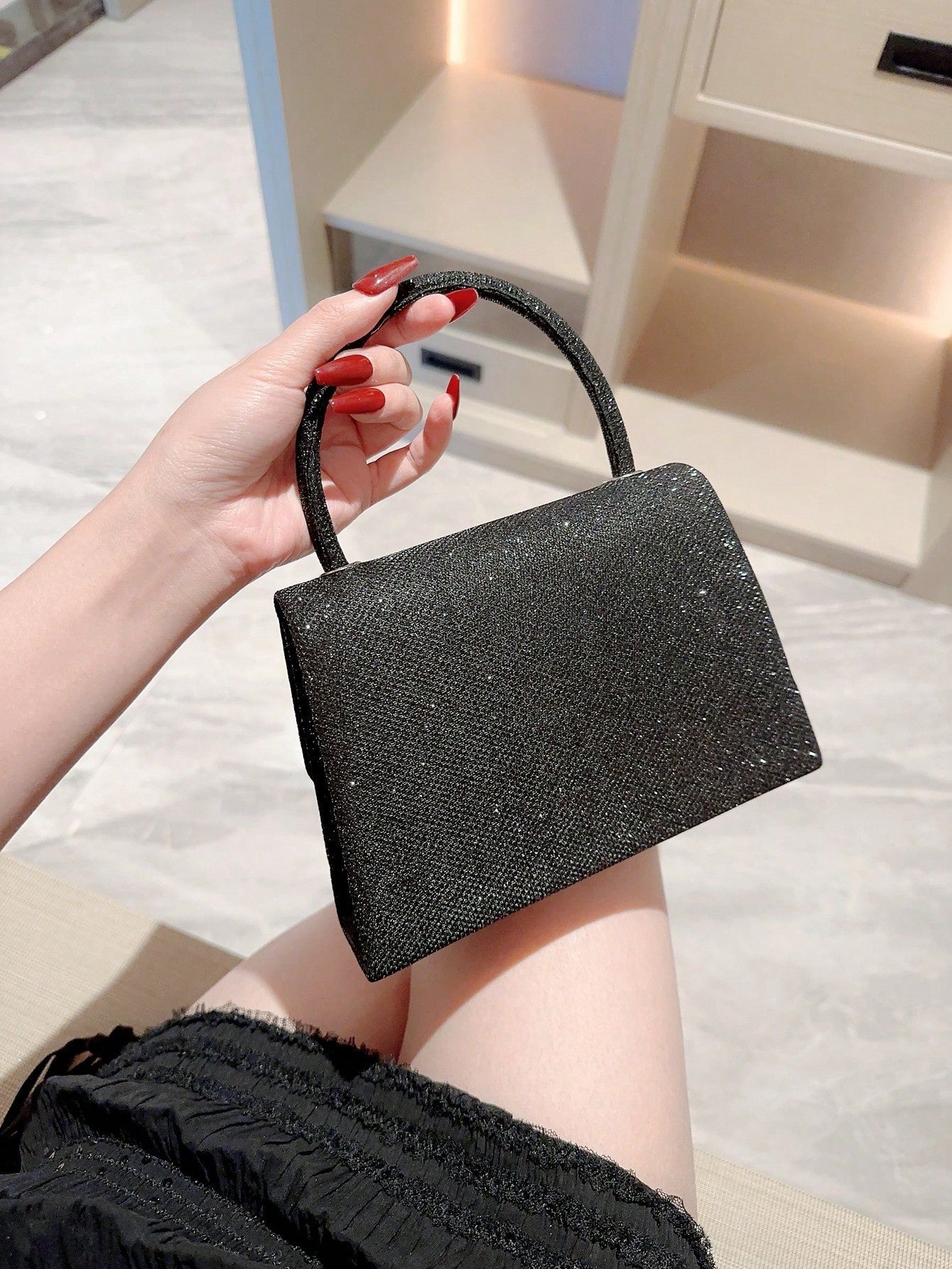 Buy SHEIN Mini Flap Square Bag Glitter Black Minimalist in Pakistan