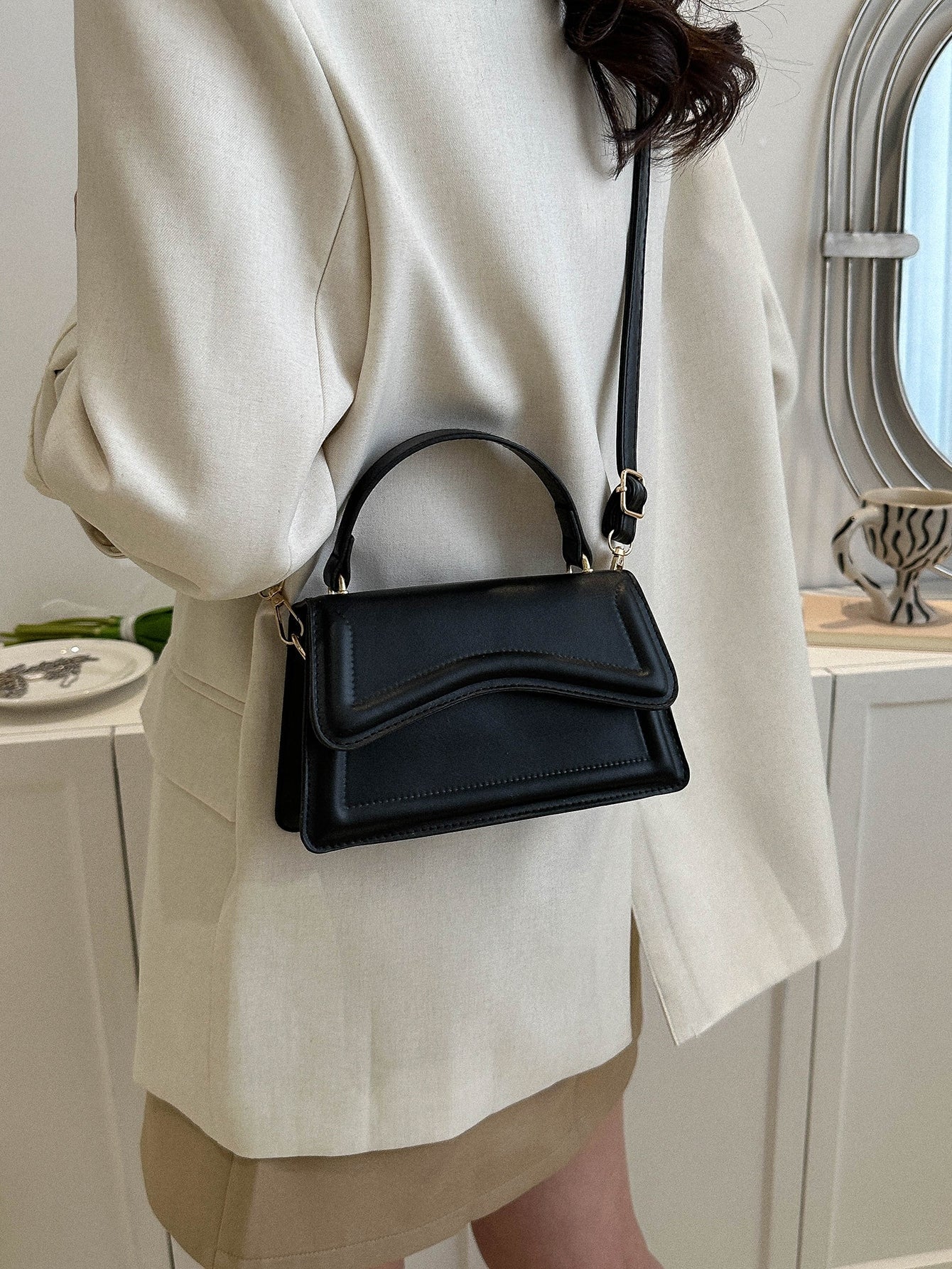 Buy SHEIN Mini Square Bag Solid Black Top Handle Flap Design in Pakistan