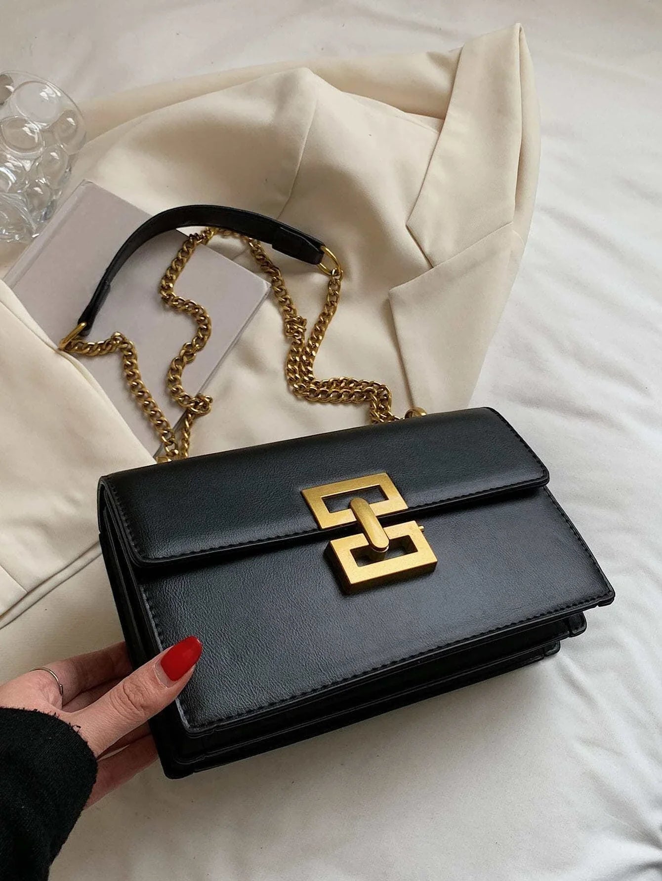 Buy SHEIN Minimalist Metal Decor Chain Shoulder Bag Elegant PU Crossbody Bag in Pakistan